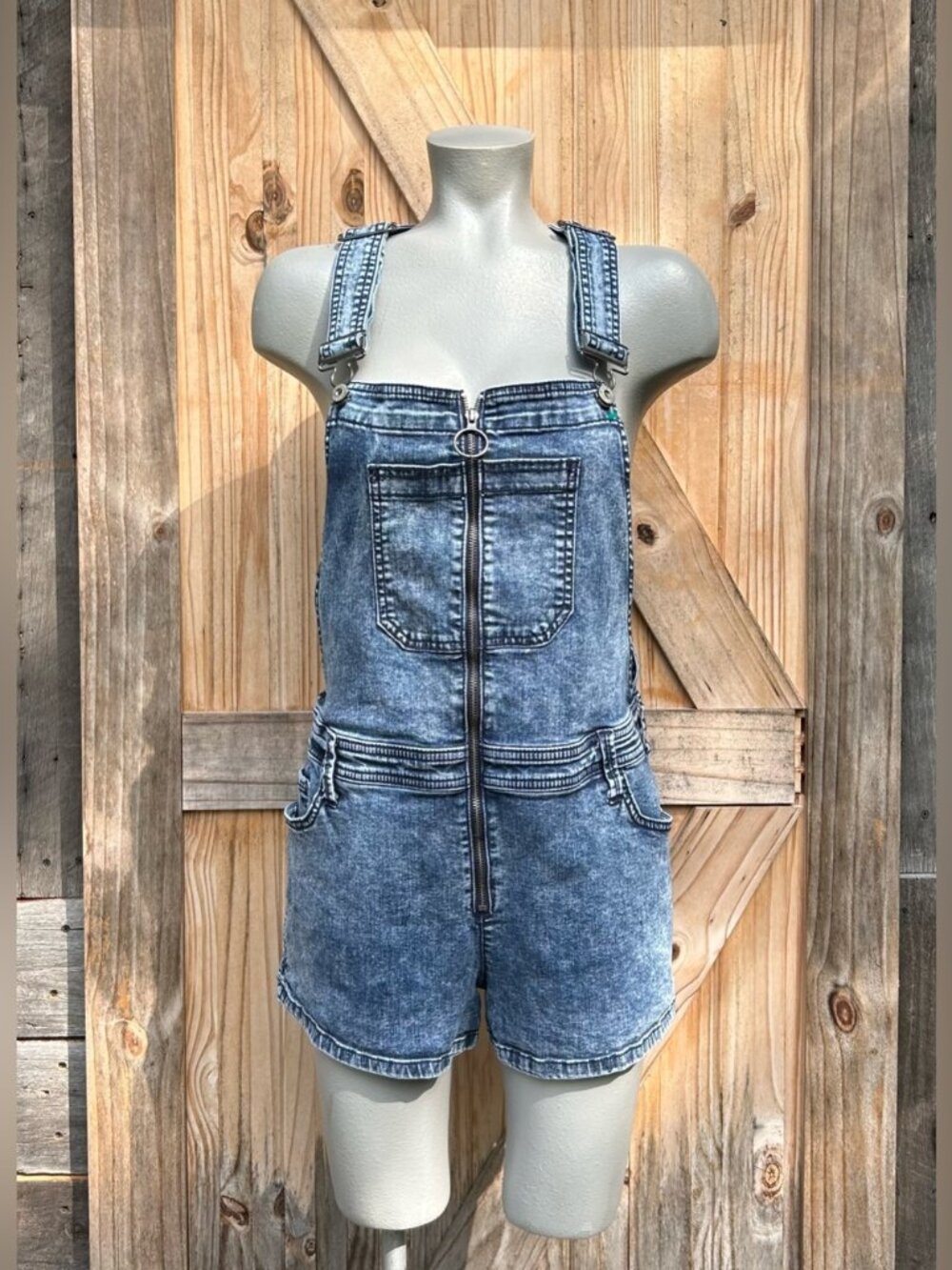 Arizona Jean Co Blue Stretch Denim Zip Overall Shorts Shortalls~XL~
